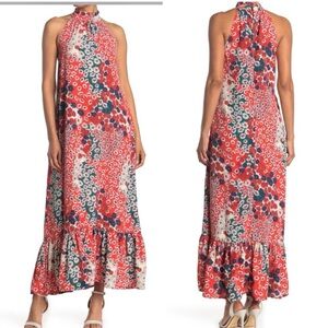 Melloday Red Floral Daisy Crepe Sleeveless Maxi Dress